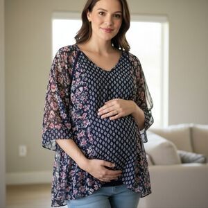 JESSICA SIMPSON MATERNITY Floral Navy Sheer Blouse Short Sleeve Size Small